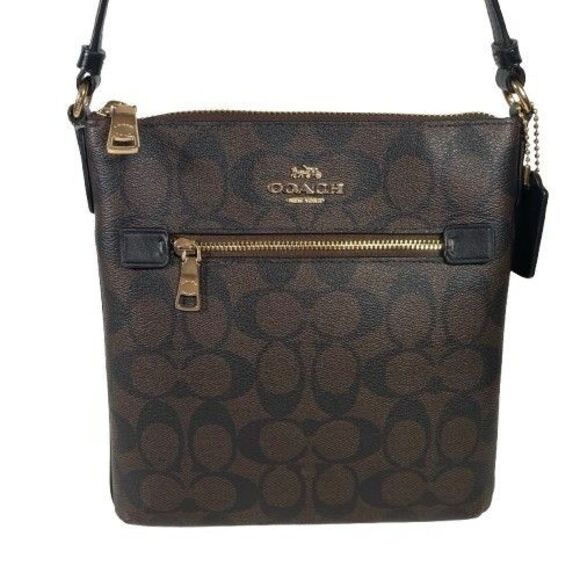 Coach Mini Rowan File Bag Crossbody Purse Signature Canvas Brown Black CF340 - Picture 1 of 16